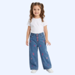 Girls Floral Denim Pants with Front Button Detail