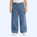 Girls Floral Denim Pants with Front Button Detail - Image 2